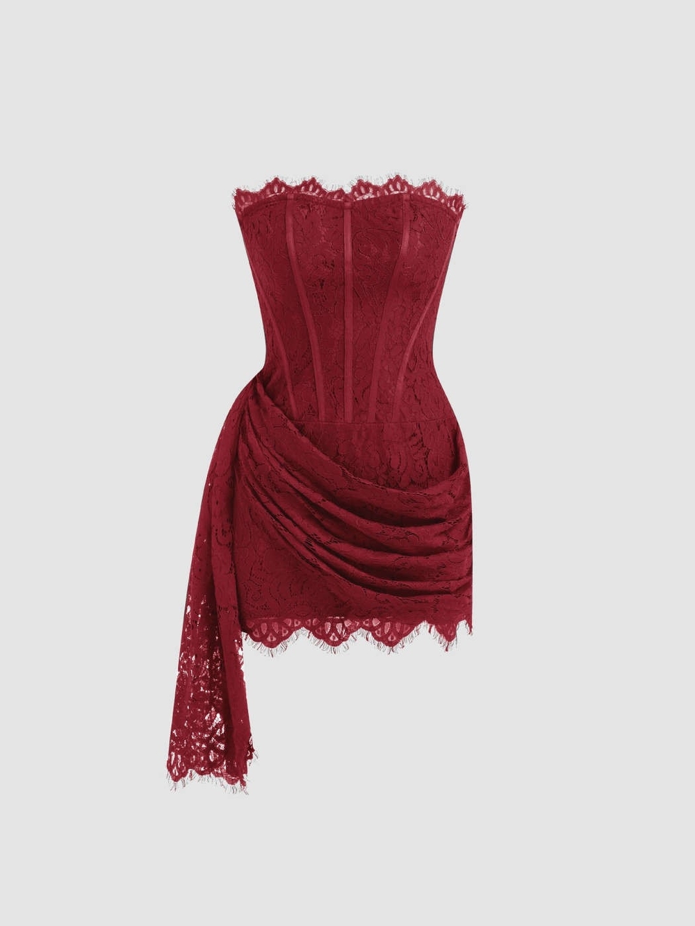 Strapless Lace Sculptural Tube Draped Bobycon Mini Dress Deep Wine Cider Sexy